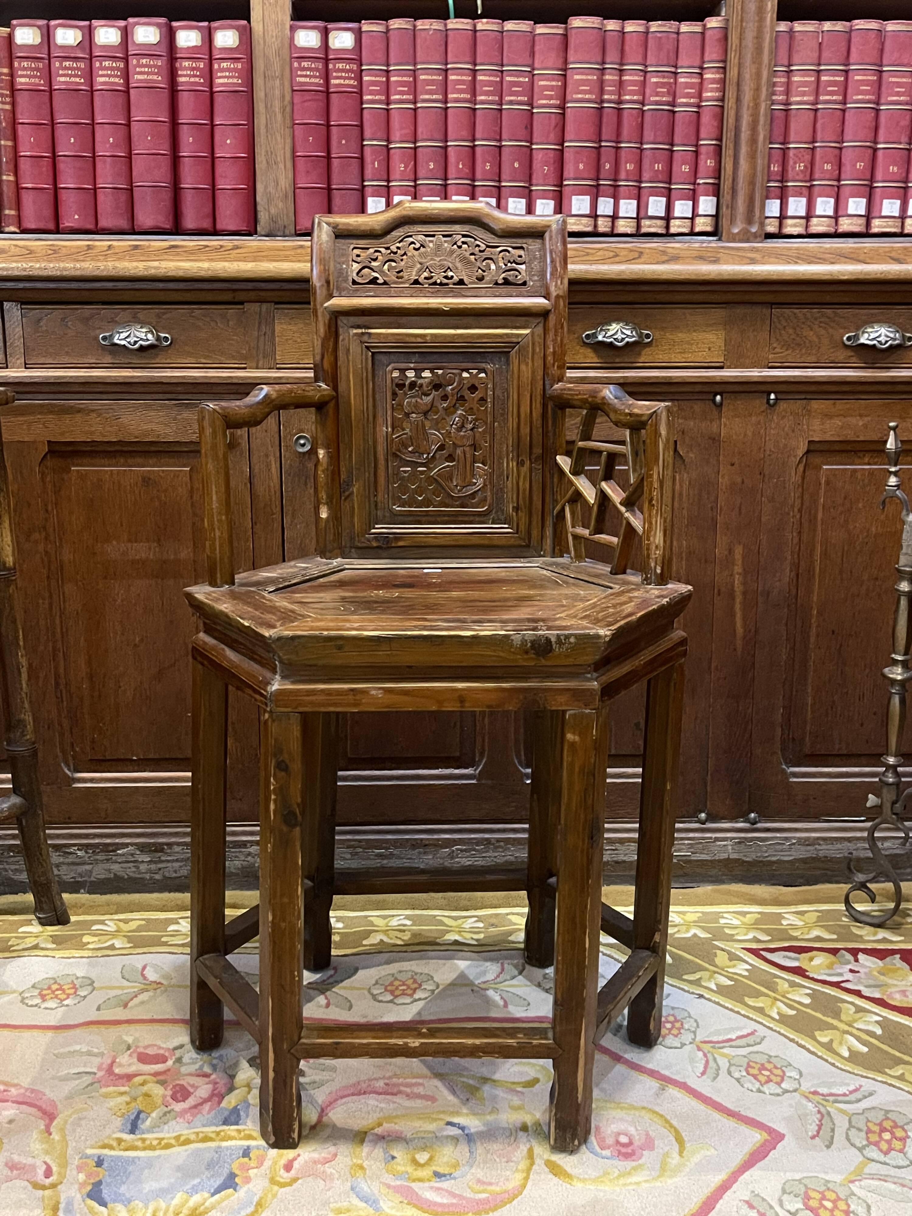 Antique Armchair with Hexagonal Wooden Seat, 1890s
