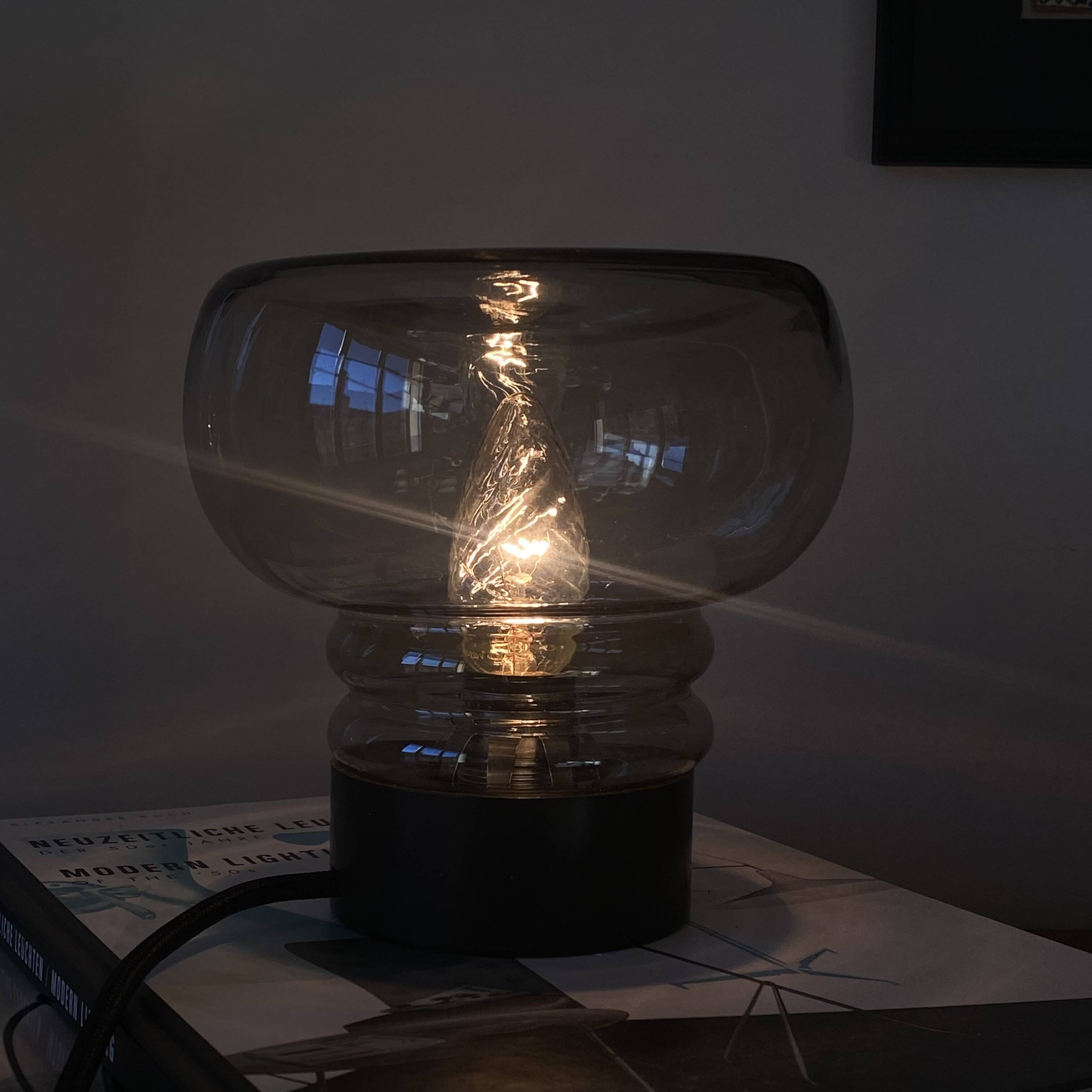 Table lamp desk bedside Sciolari smoked glass globe black plastic base