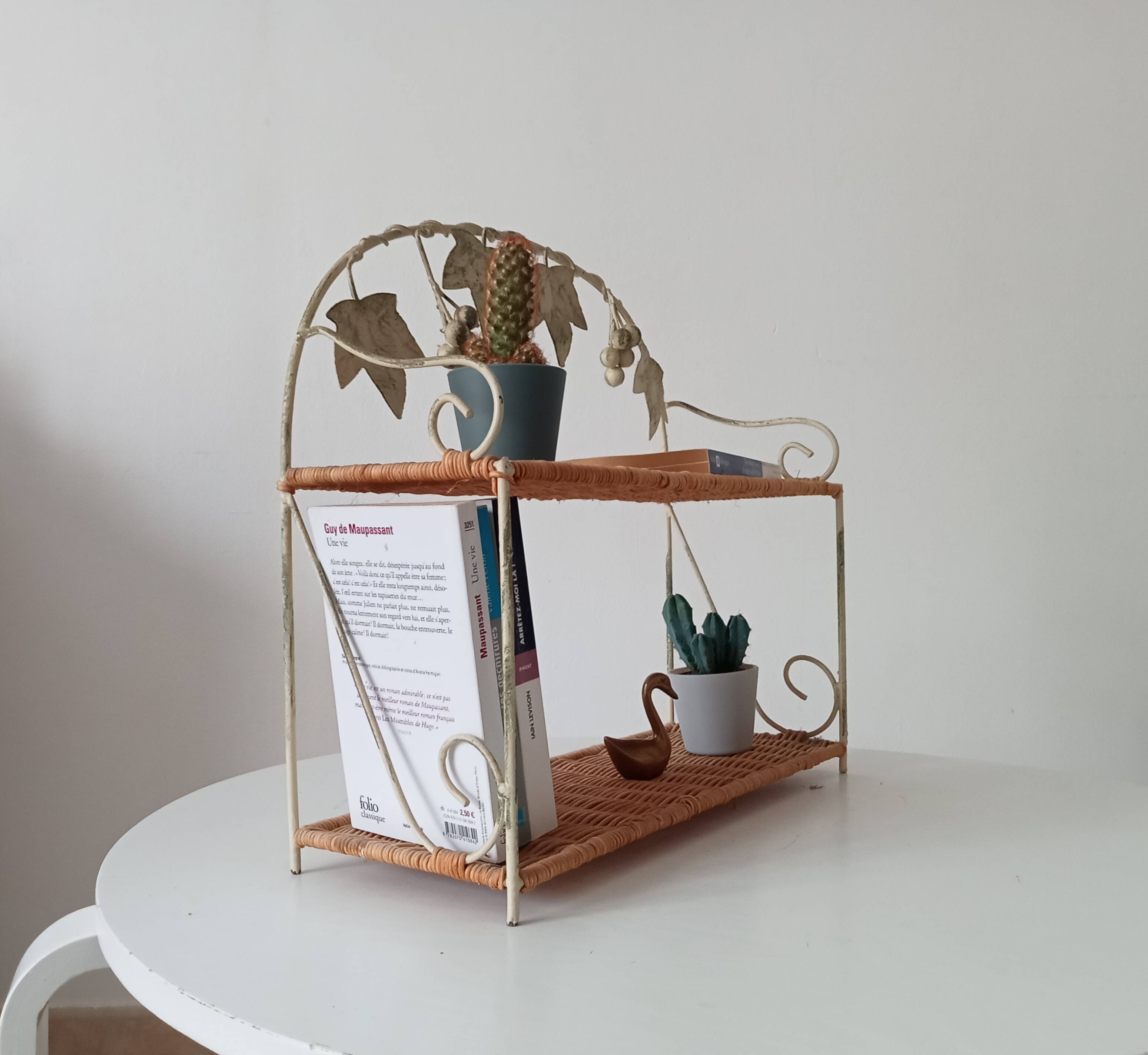 Vintage wall shelf or freestanding wicker in bohemian style.