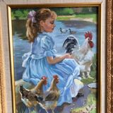 Oil on canvas young girl with chickens