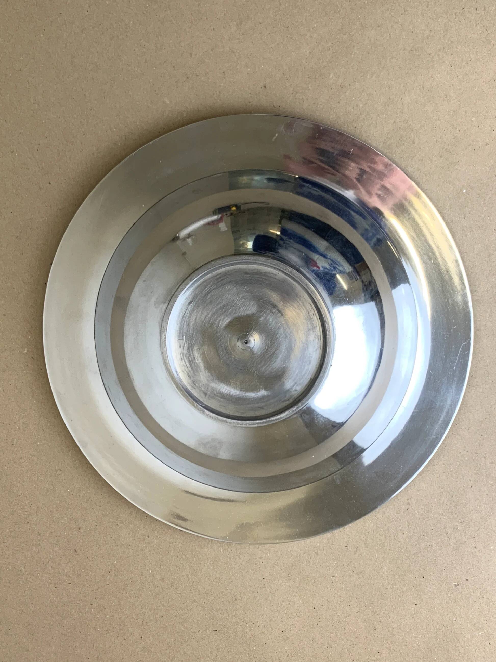 Ridged circular tray, solid aluminium, Spain, 1980s