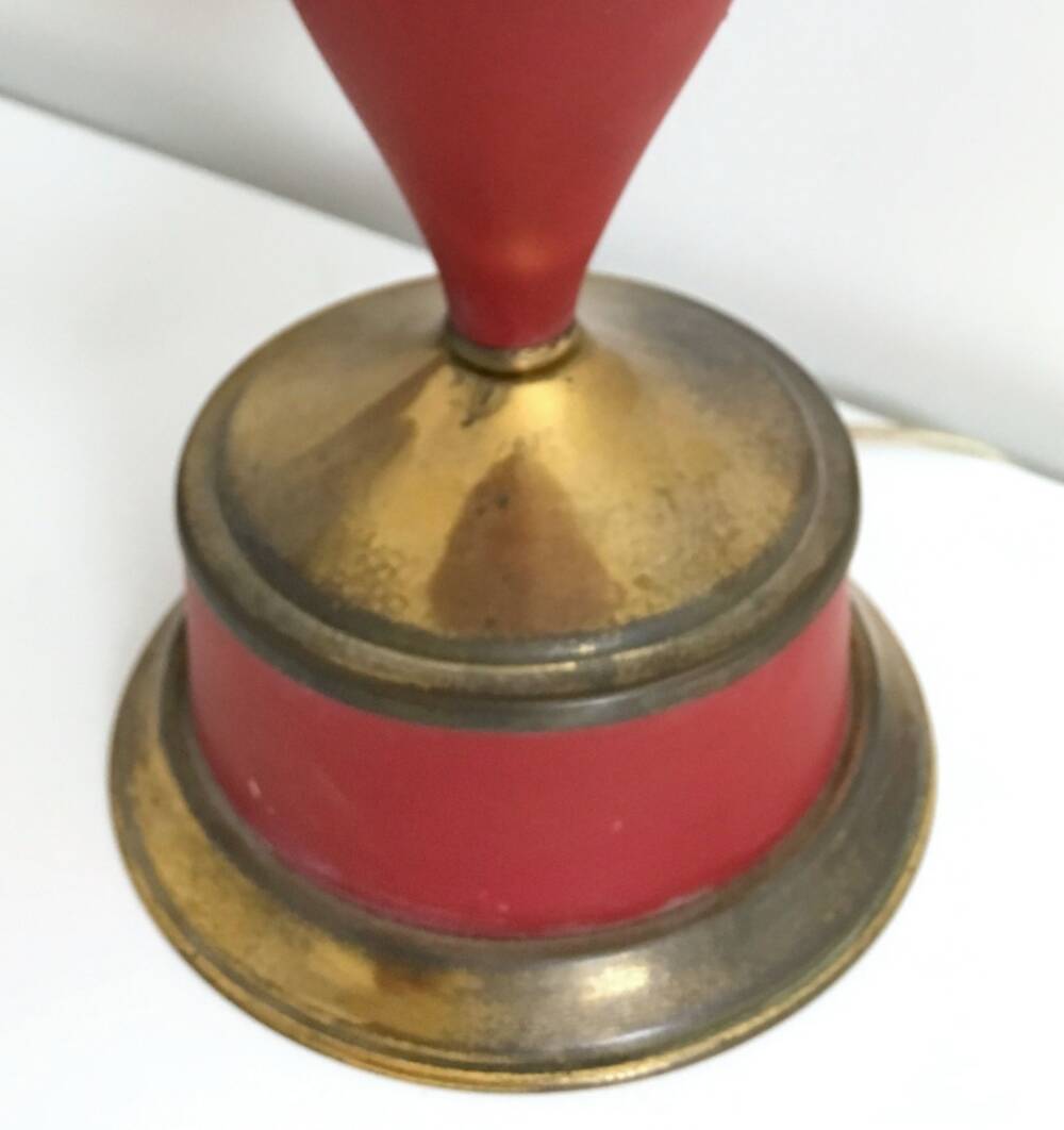 Pair of Red Varnished Metal, Brass and Glass Table Lamps, Italy