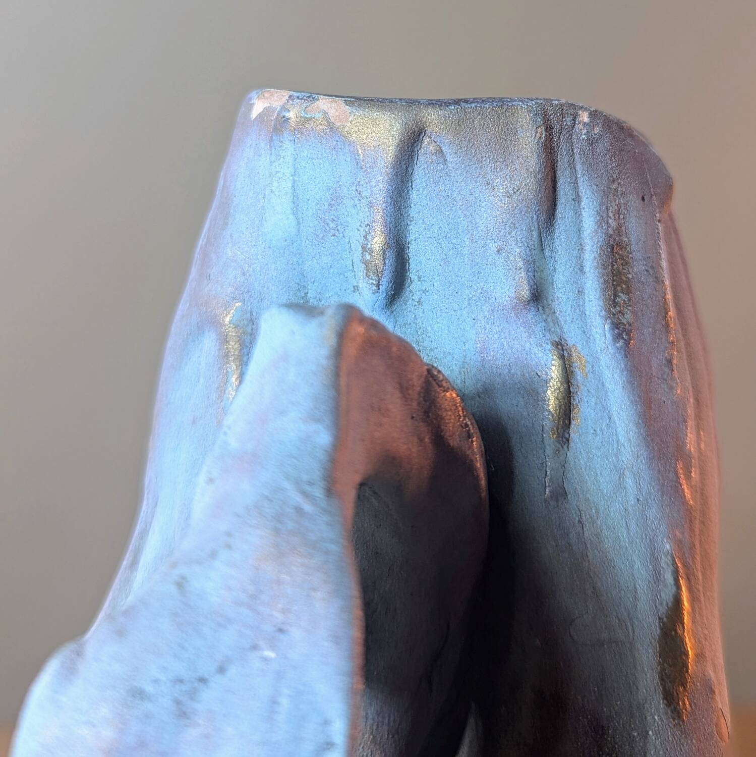 Brutalist jug numbered 52 in turquoise and blue painted terracotta