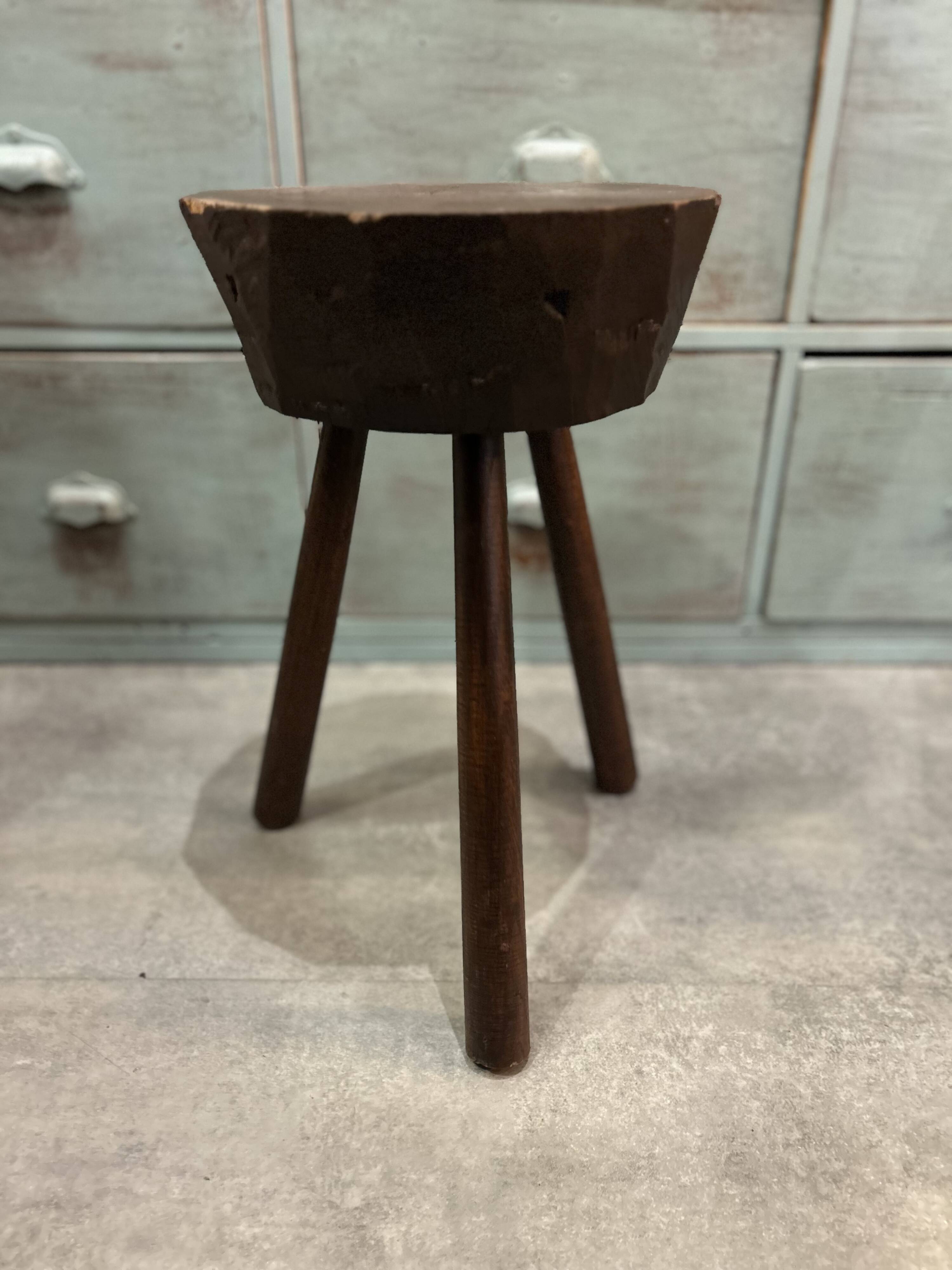 Brutalist tripod stool in solid wood