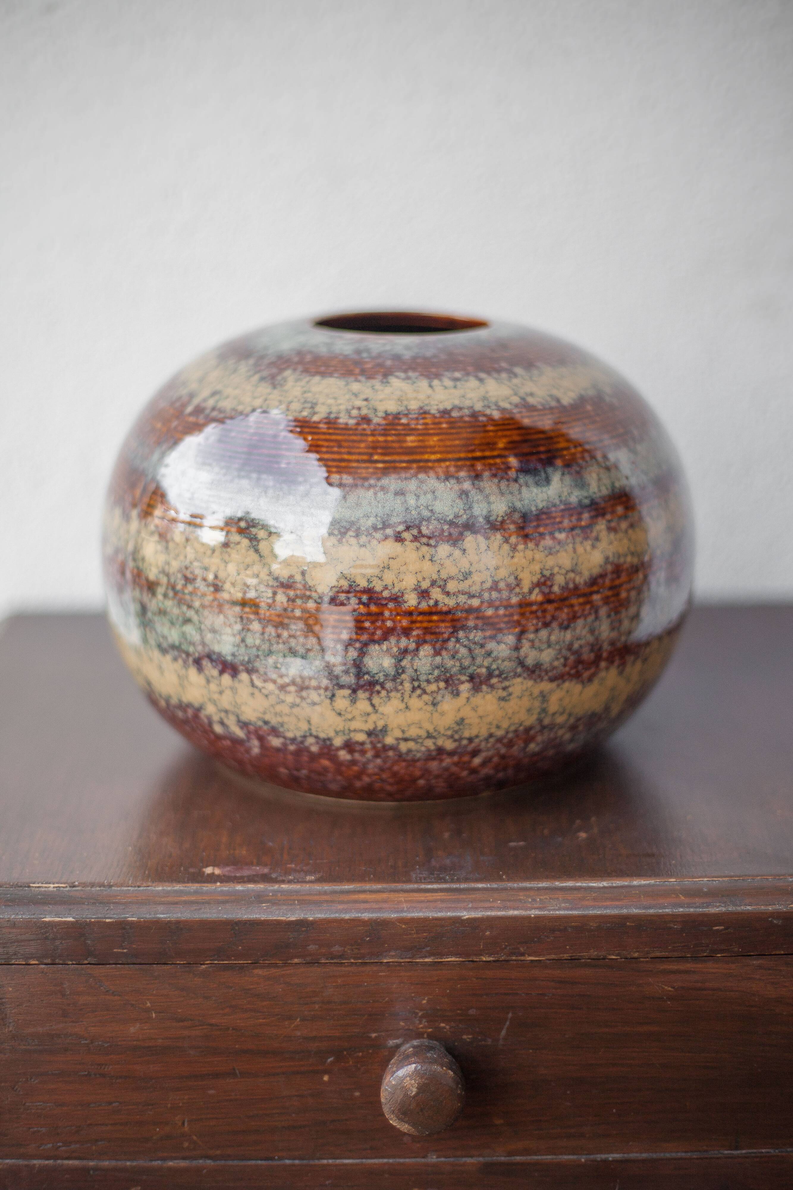 Striated glazed ceramic vase, ball vase, flower pot, interior decoration, collection, 70's