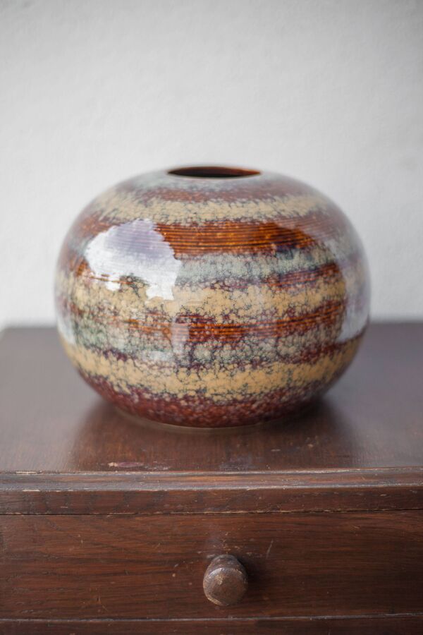 Vase céramique vernissée striée, vase boule, pot à fleurs, décoration intérieur, collection, 70's