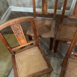 Set of 6 old chairs in carved wood and cane
