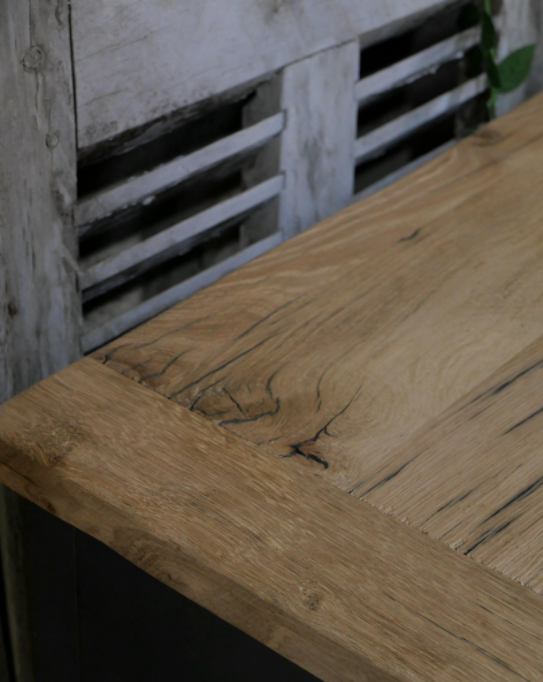 Military furniture metal console with wooden top and 6 drawers