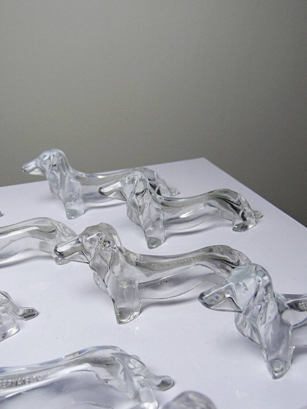 Vintage Gervais Danone knife holders, dachshund design, clear plastic