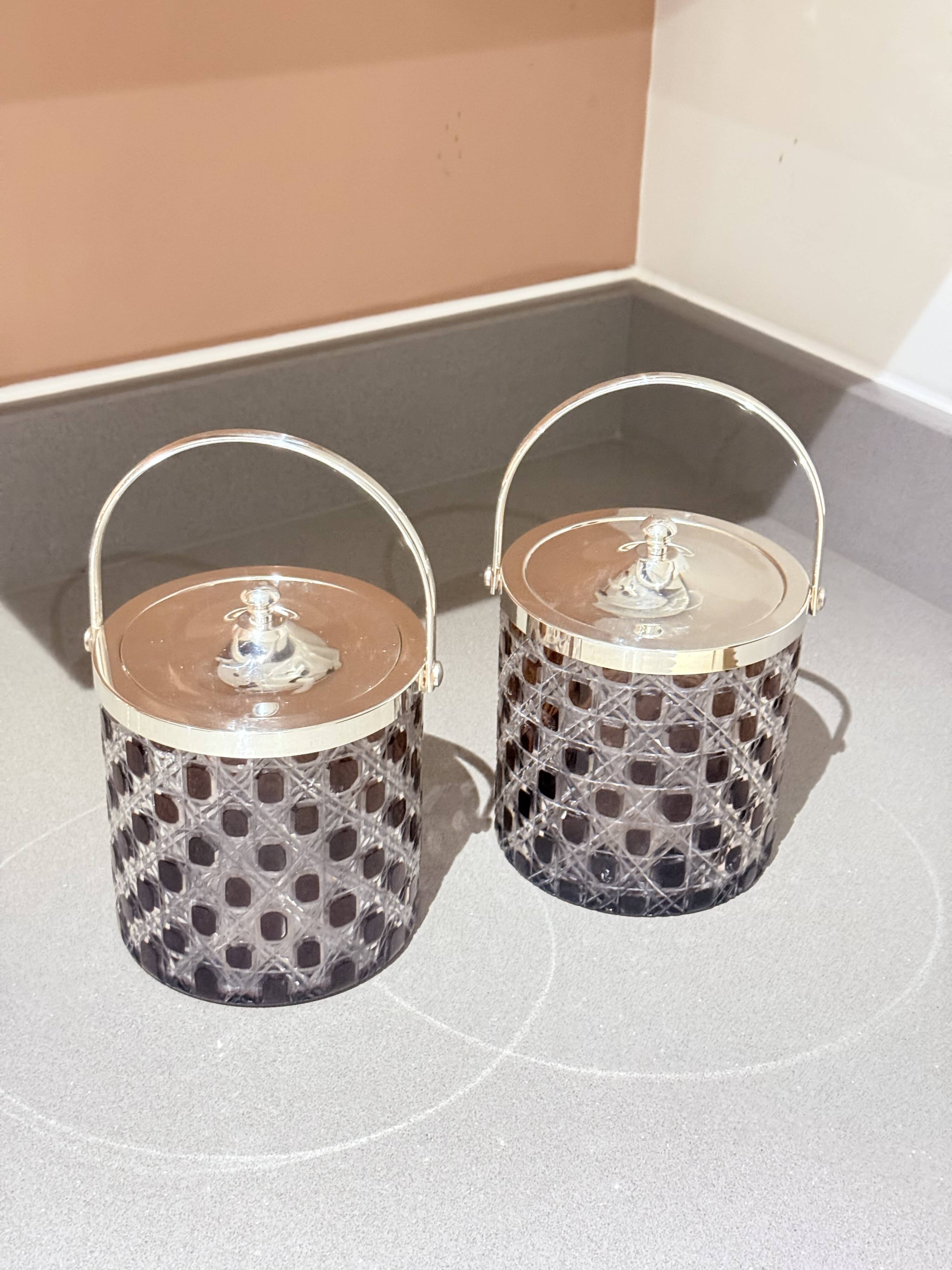 Vintage Cut Crystal Biscuit Box / Ice Bucket with Silver-Plated Lid and Handle