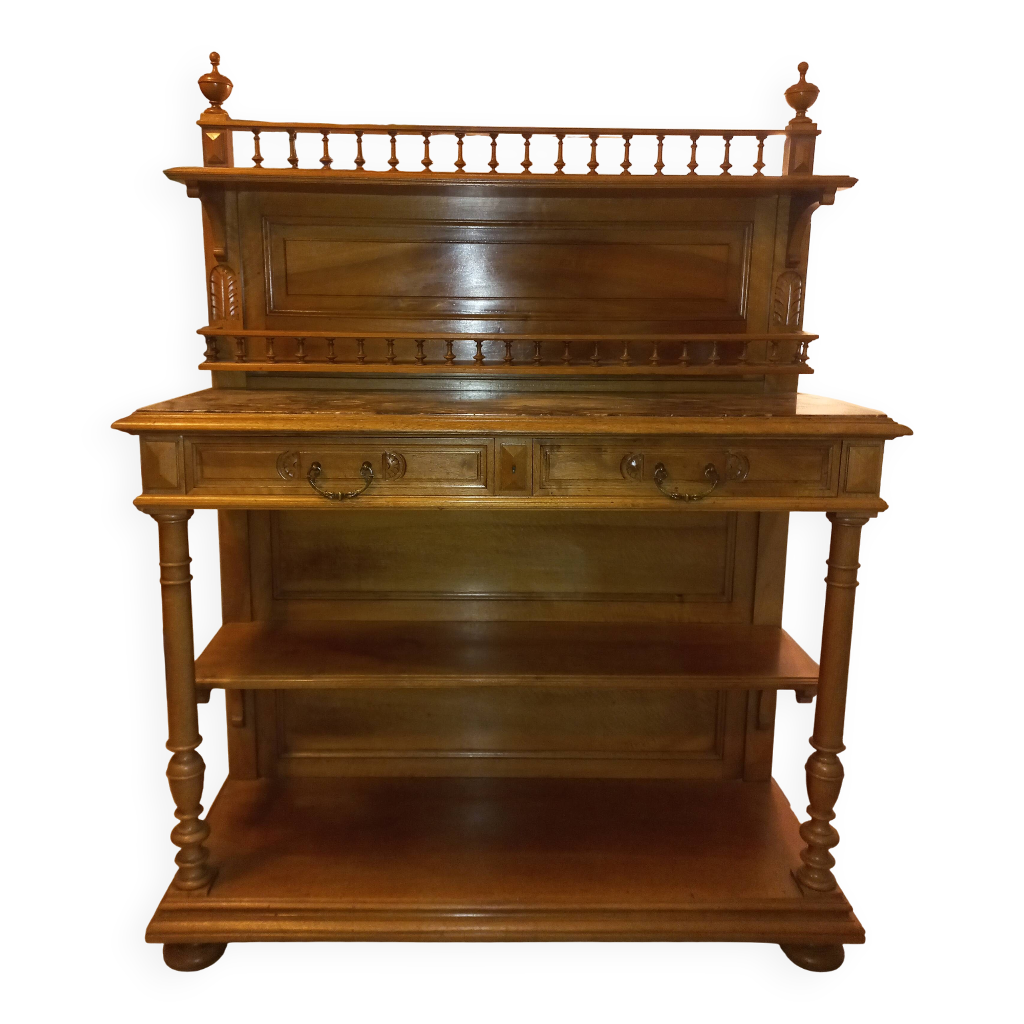 Antique cherry wood sideboard with marble top, 2 front drawers, 1 shelf.