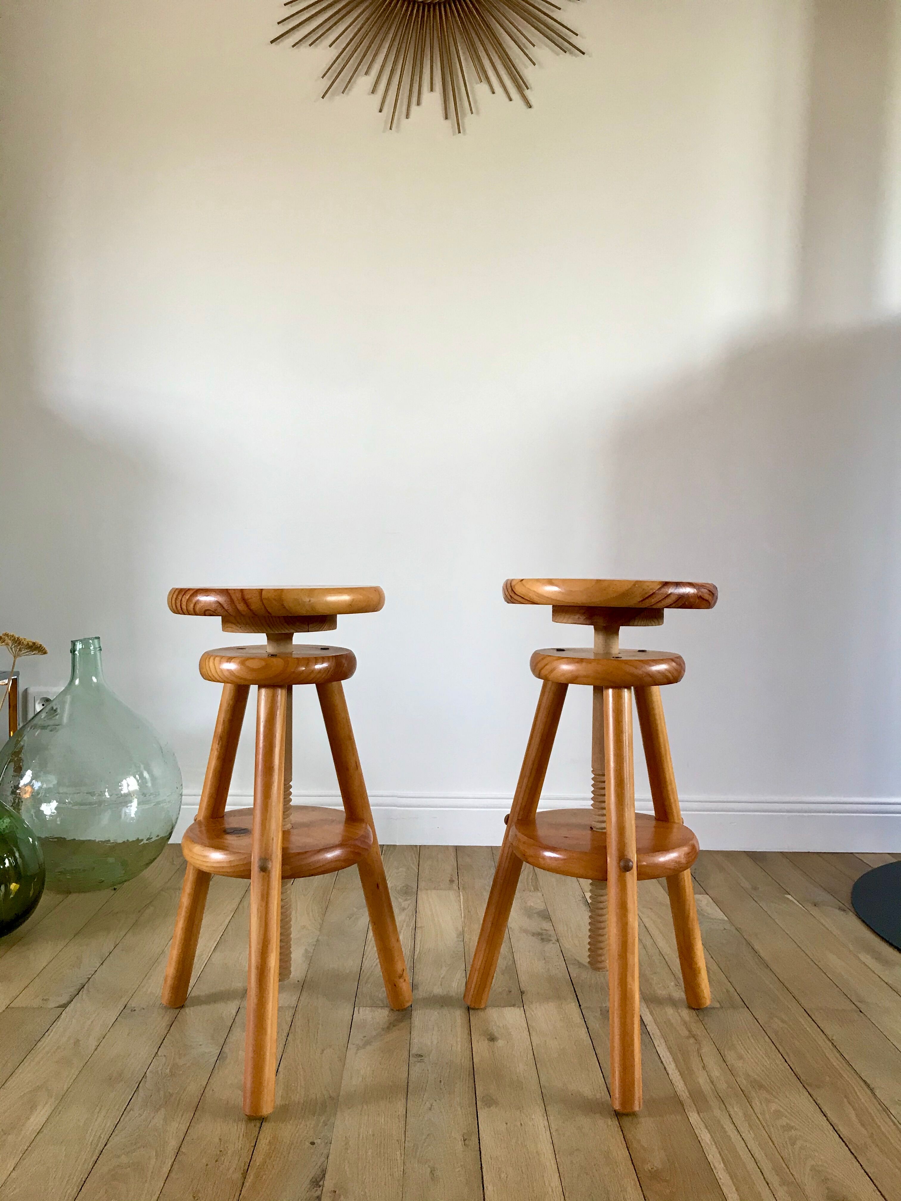pair of adjustable architect stools pine style 60s