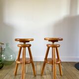 paire de tabourets d'architectes réglables en pin années 60