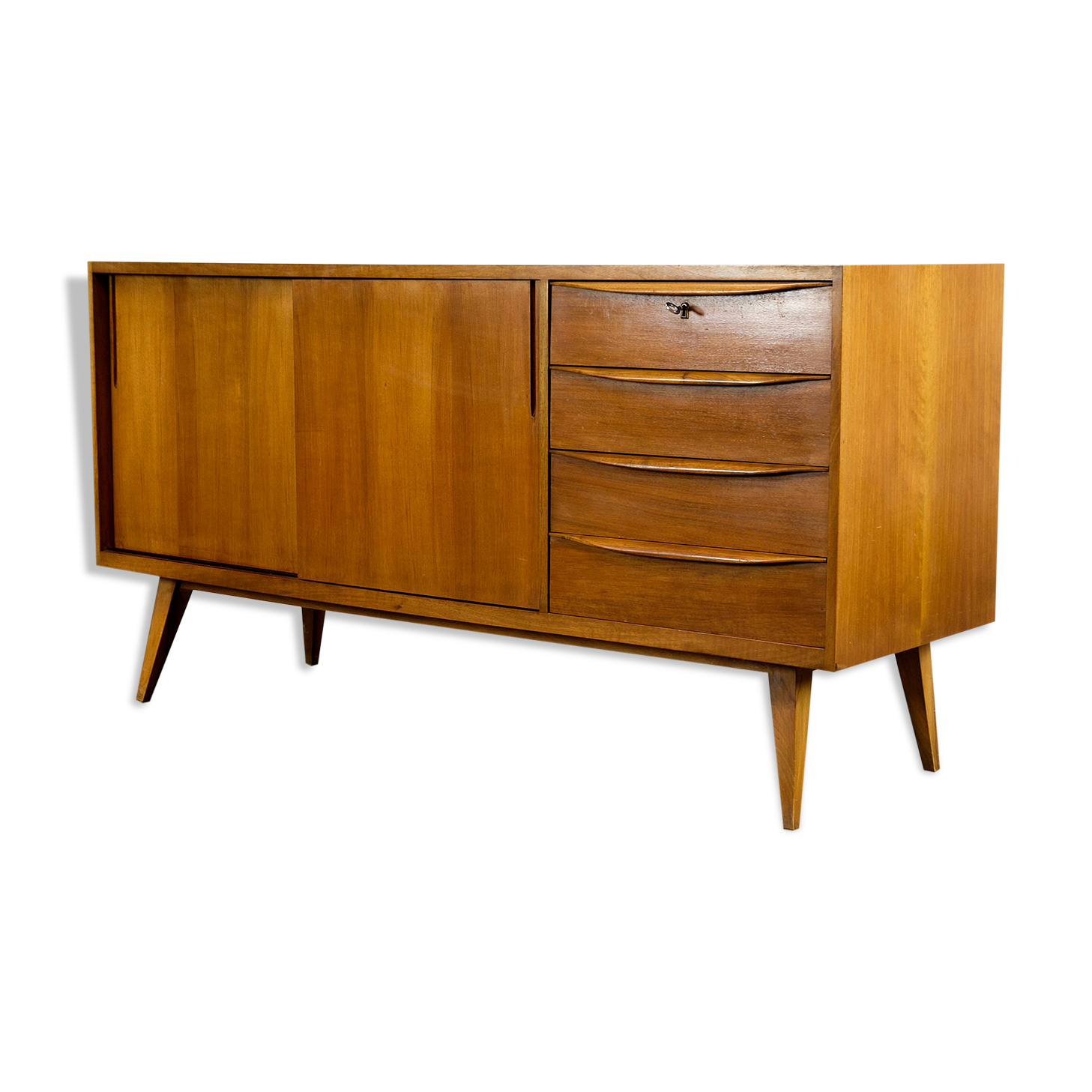 Midcentury Walnut Sideboard with sliding doors and drawers, 1950s