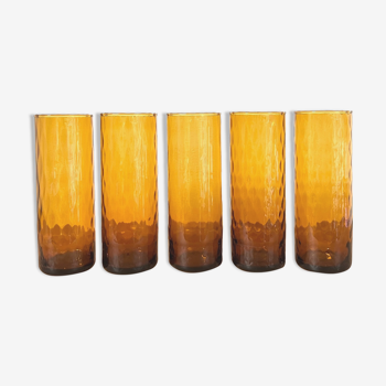 Set of 5 glasses - blown glass - amber glass - vintage