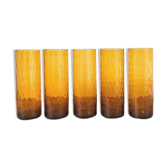 Set of 5 glasses - blown glass - amber glass - vintage