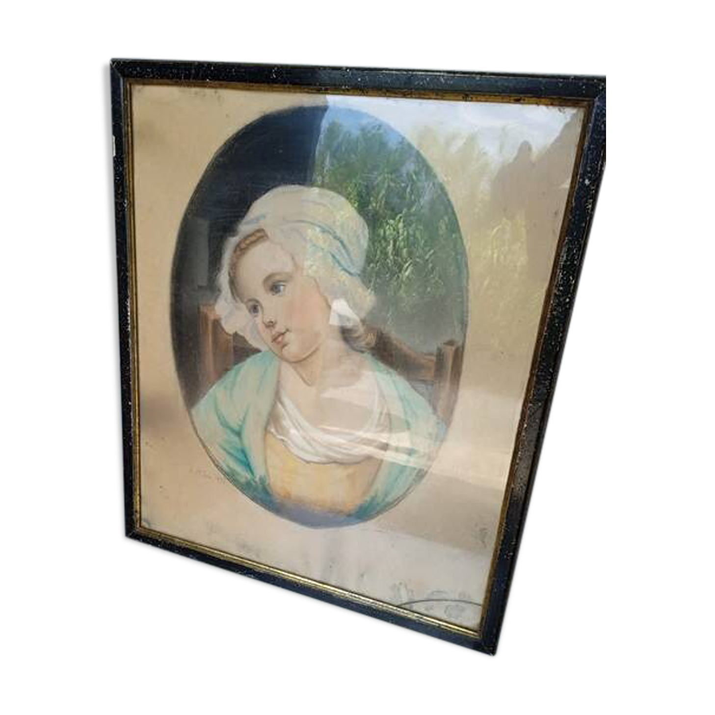 Pastel painting portrait young girl XIXth signed