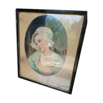 Tableau pastel portrait jeune fille XIXth signé