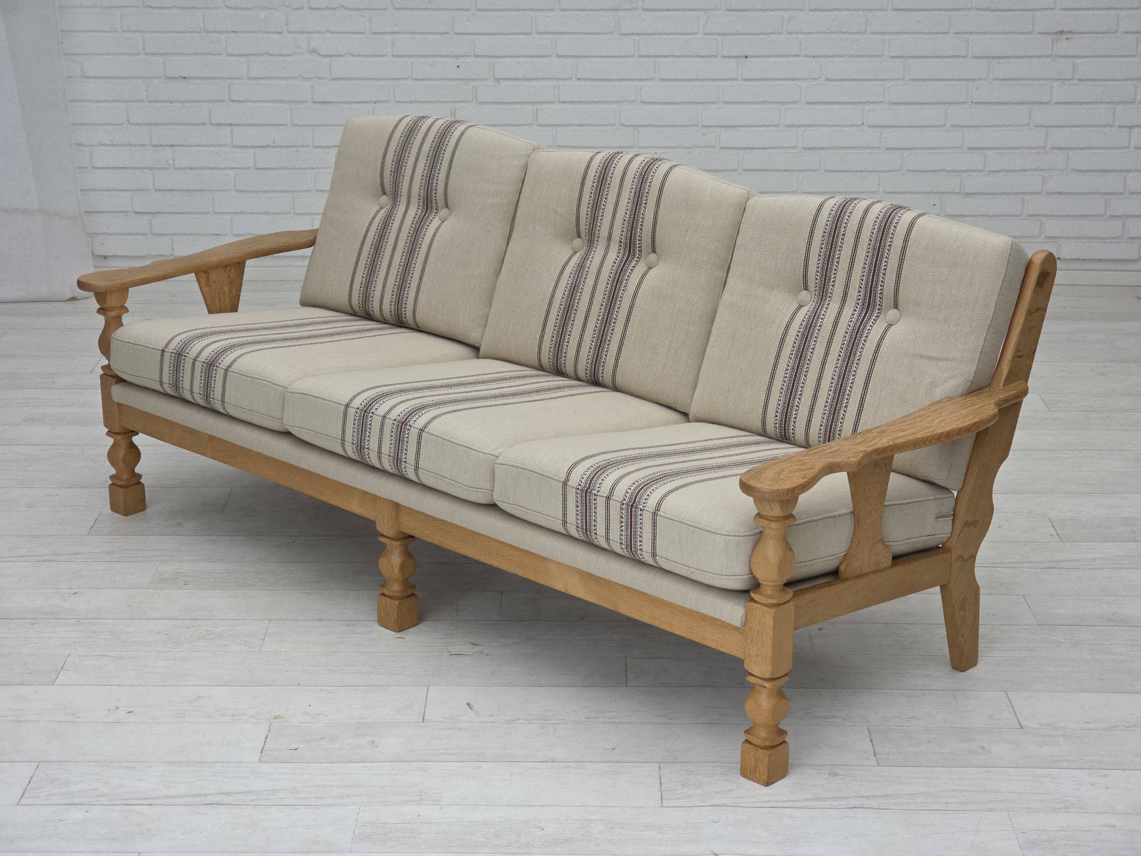 1970s, Danish 3-seater sofa, beige furniture wool, solid oak wood.