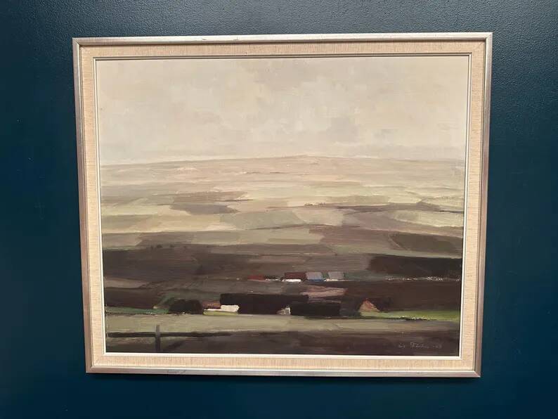 Oil on panel original Swedish - "House in a flat landscape" by Evert Färhm - Dated 1968 - vintage and framed - 81 × 68 cm (31.9" × 26.8")