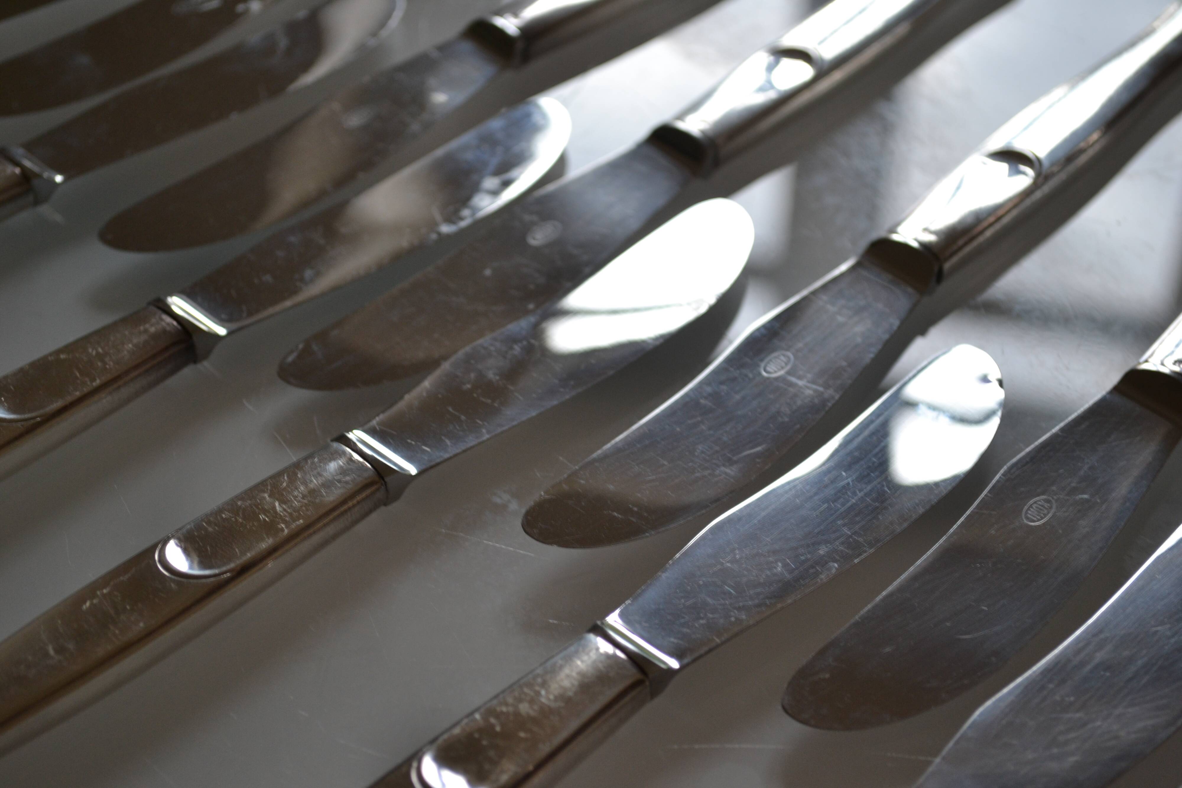 12 table knives silver metal handles & stainless steel blades 22 cm