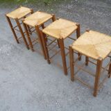 Set of 4 bar stools wood and straw