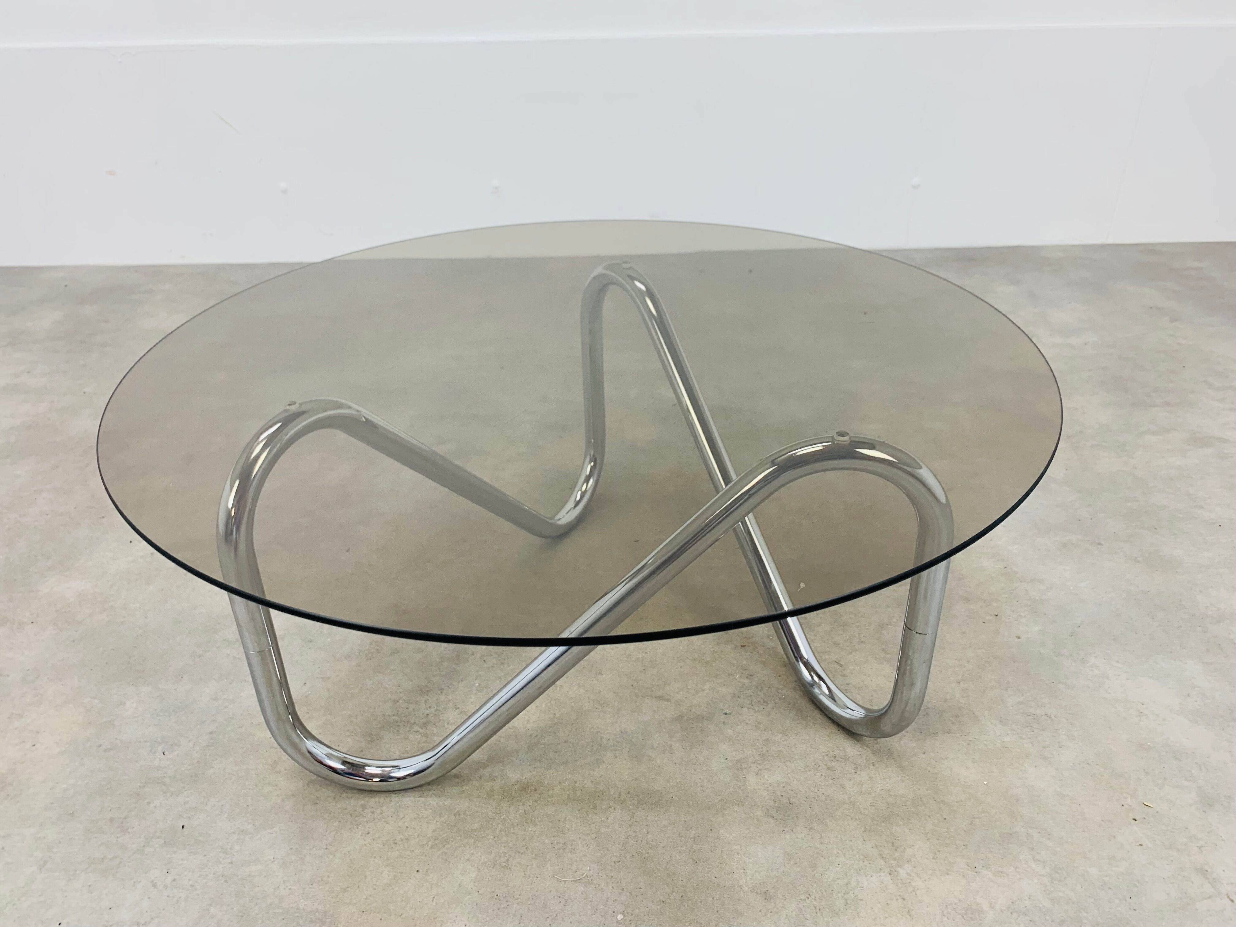 Round coffee table 70s chrome and smoked glass space age extra