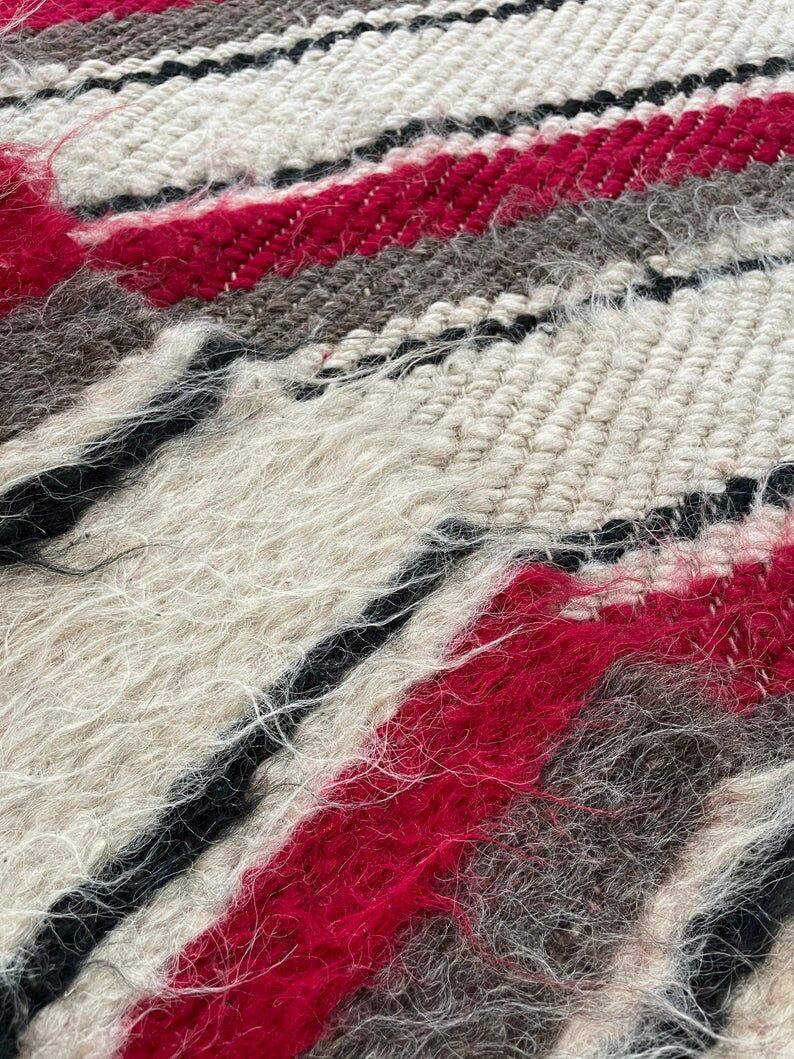 Set of two Romanian wool fluffy rugs with stripes made by hand