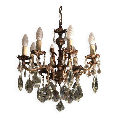 Lustre à pampilles  orné de chérubins - Parfait état - 8 feux -