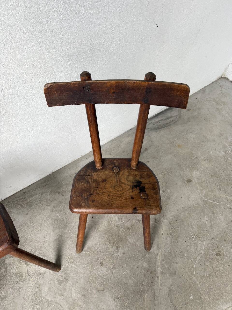 Pair of Savoyard tripod chairs, folk art, oak.