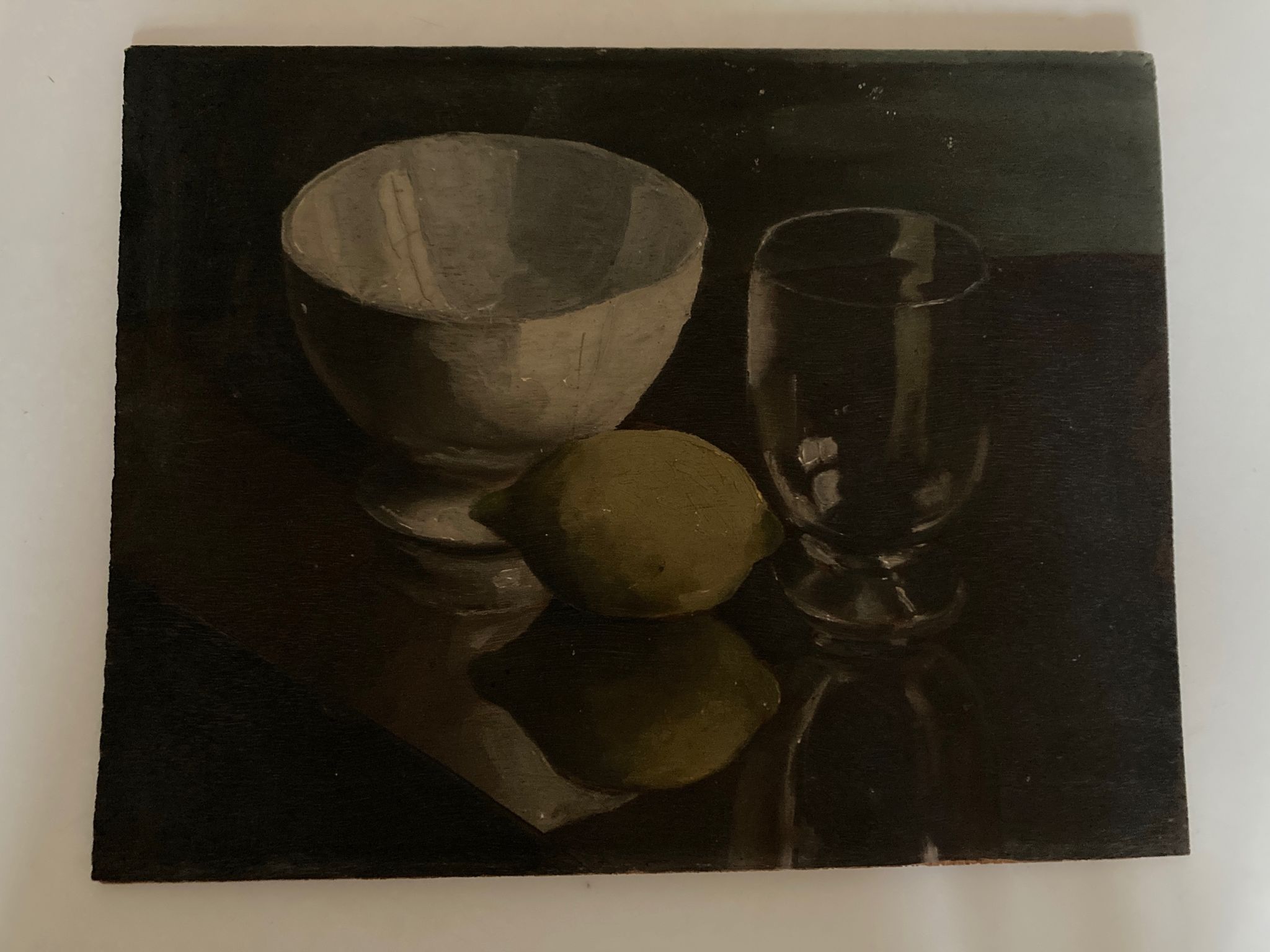 Oil on wood still life with glass bowl and lemon chiaroscuro 1960