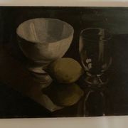 Oil on wood still life with glass bowl and lemon chiaroscuro 1960
