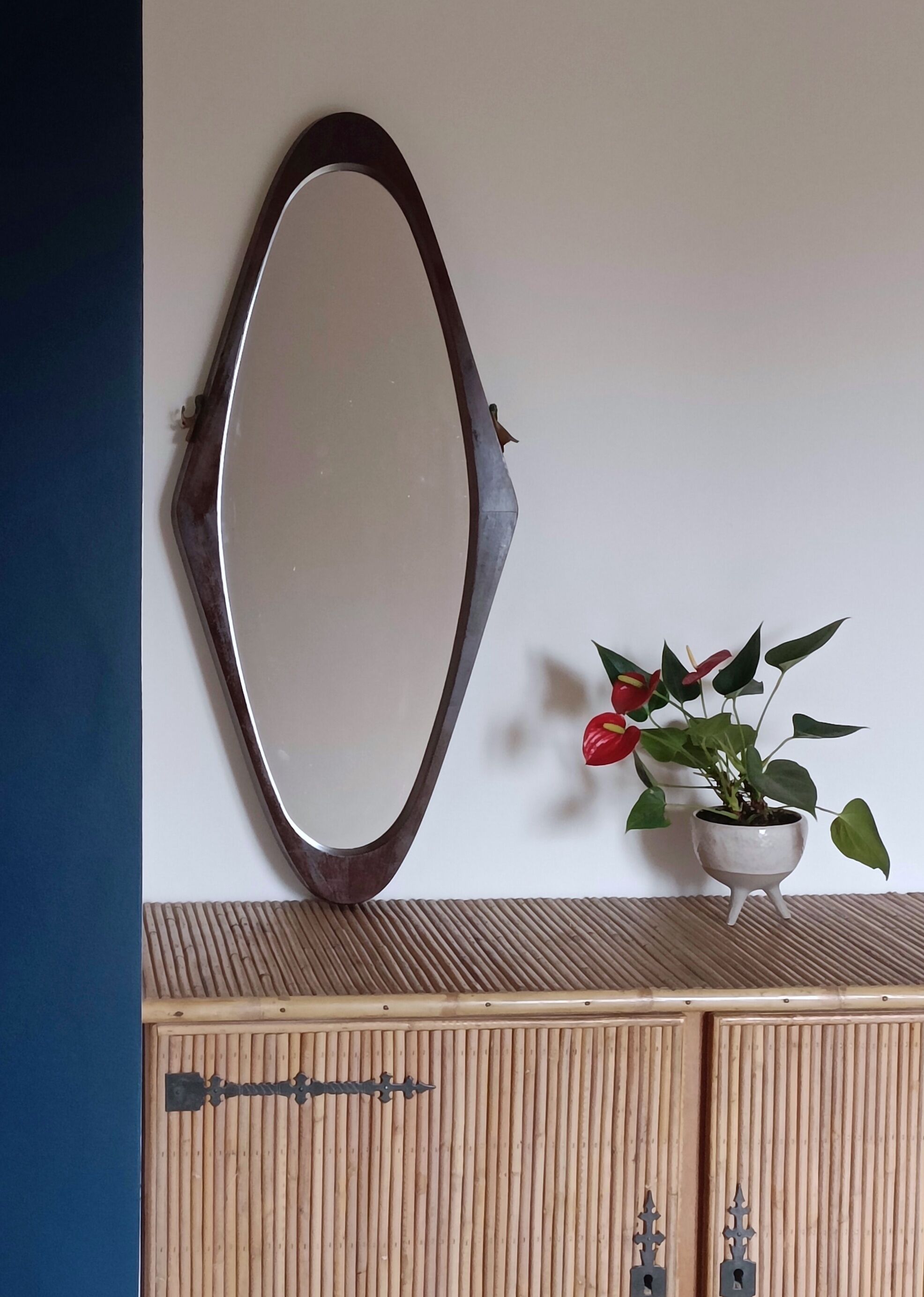 Italian free-form solid teak mirror