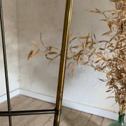 Vintage reed floor lamp in black metal and brass with three white opalines