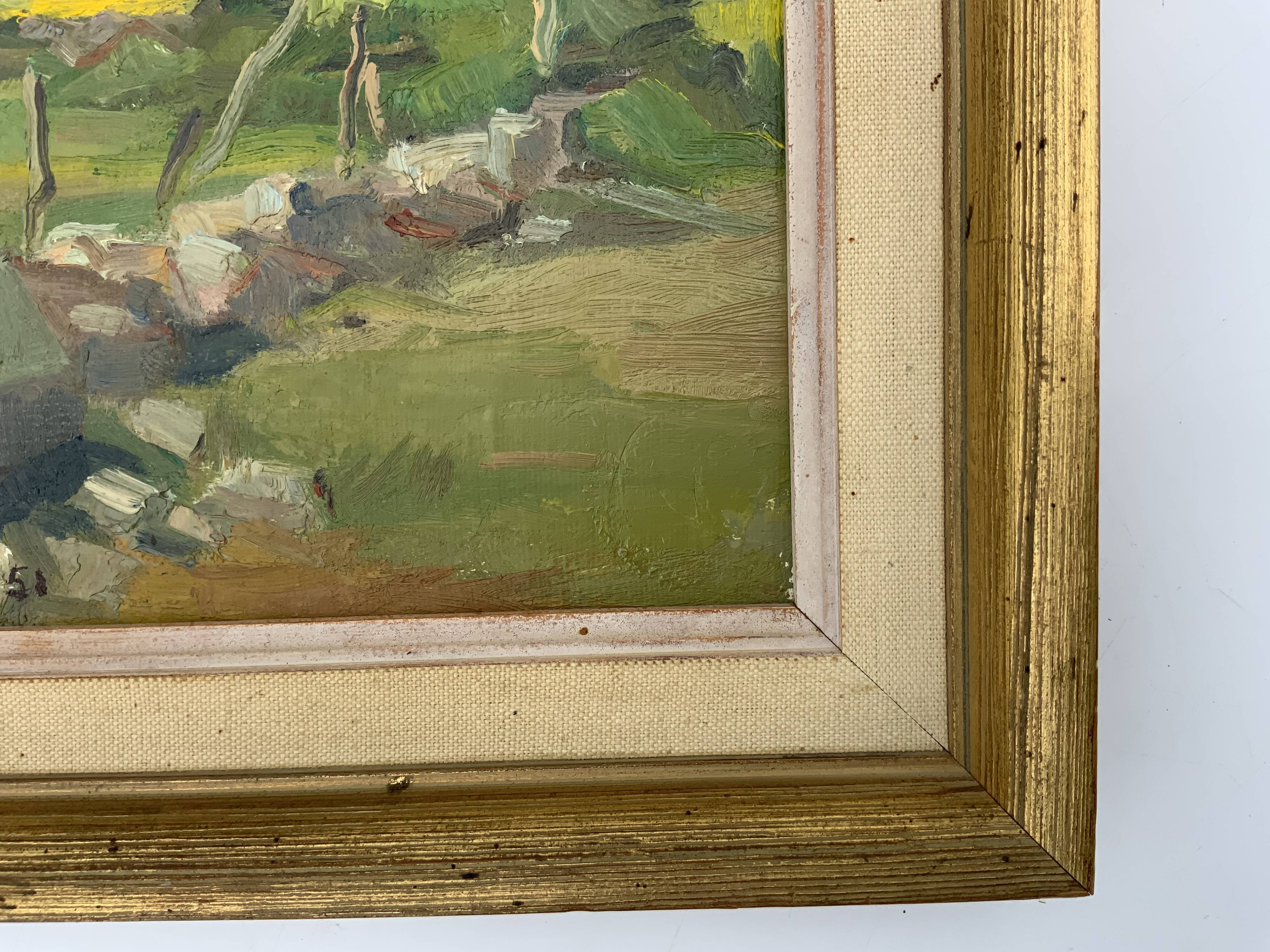 Vintage Modernist Landscape Scene Oil Painting H. Ostergren 1951