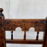 Series of 4 brutalist rustic chairs in carved wood straw seat