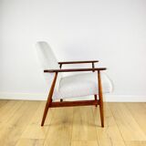 Armchair 'Lis', 1970s, white boucle, design by Henryk Lis - dark wood - 2 pieces available