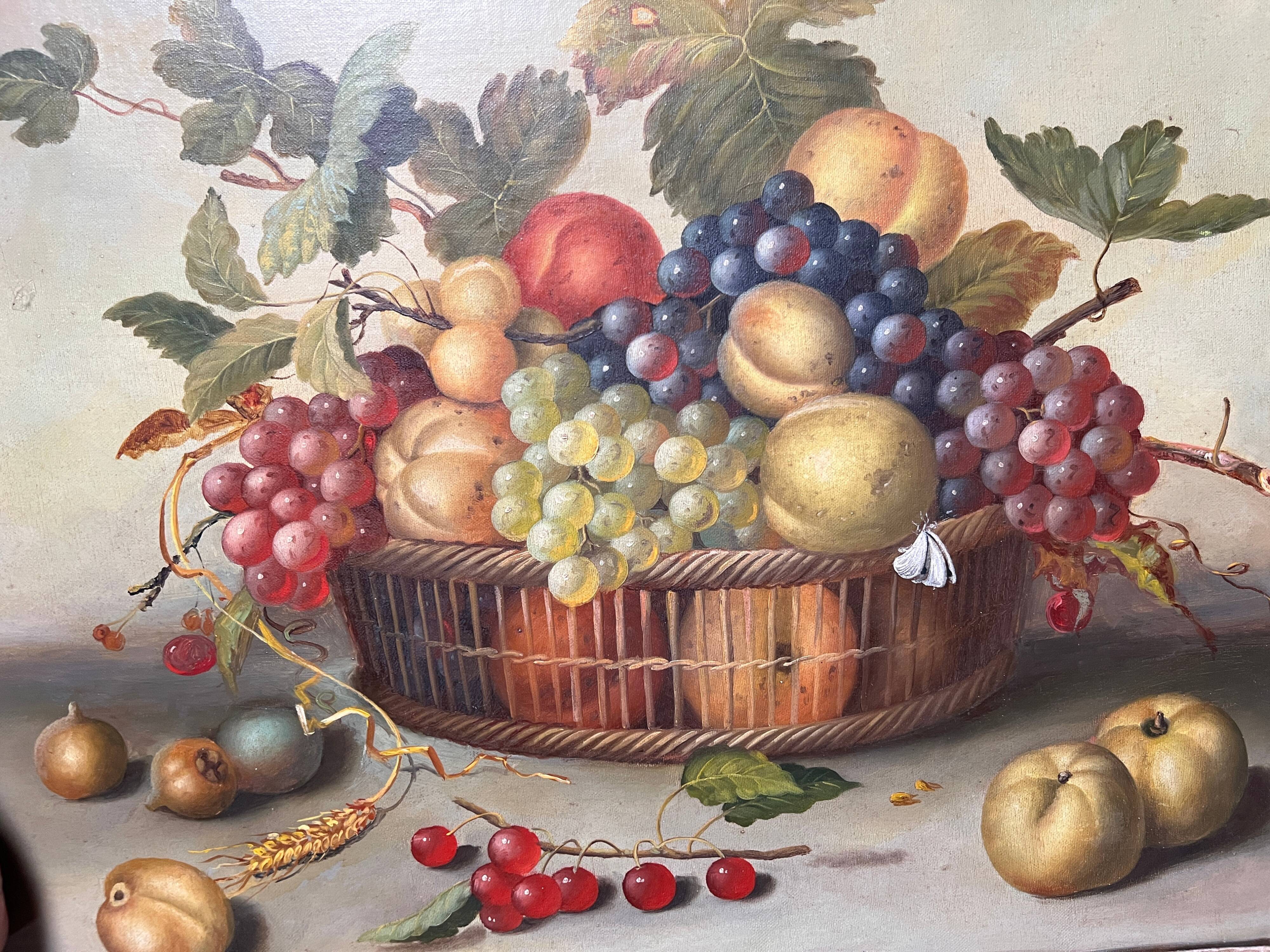 Still life painting of grapes and apples.