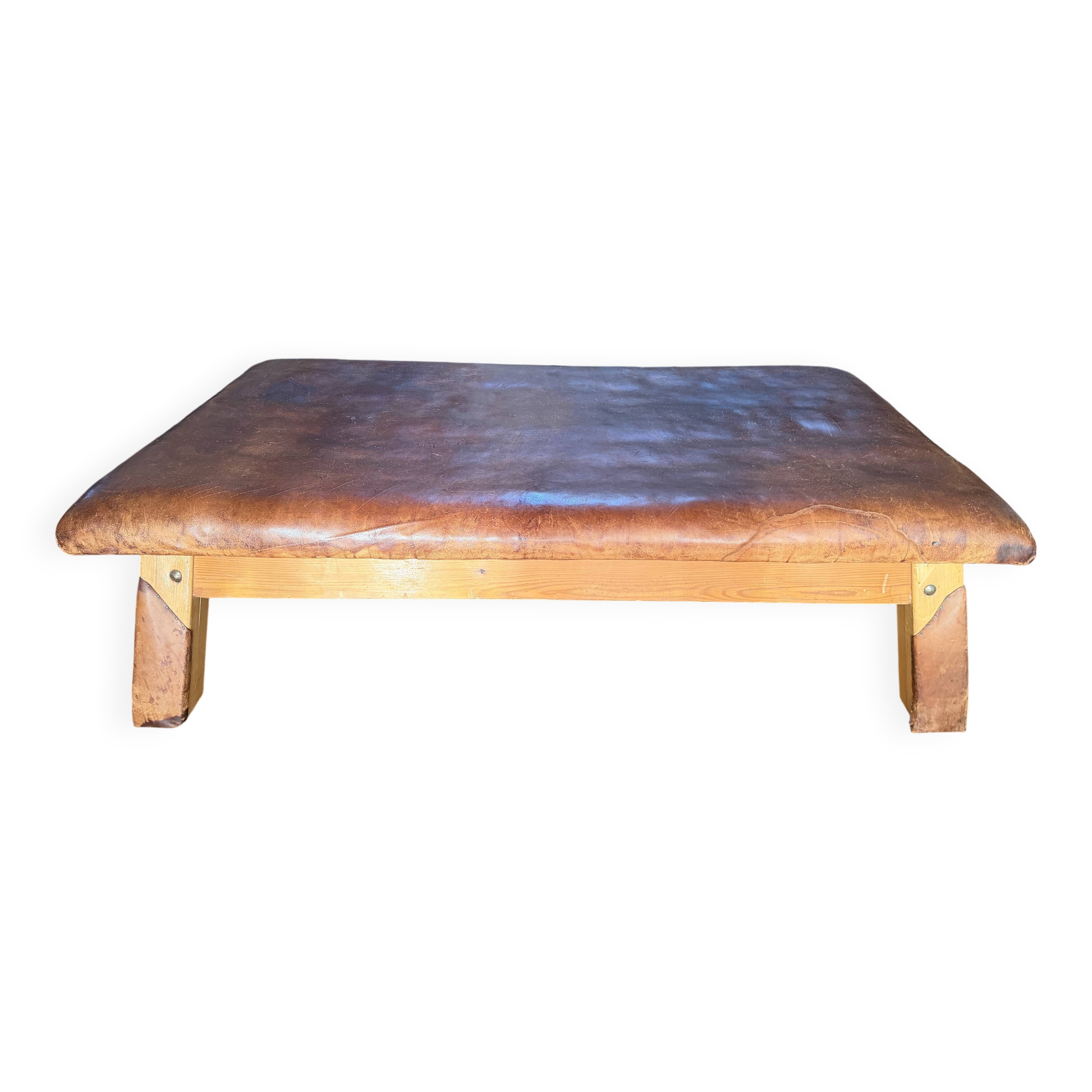 Antique gym bench in Havana leather and solid wood – 170 cm