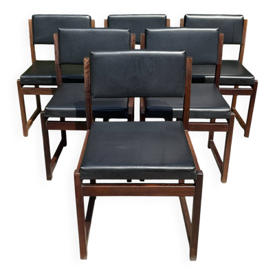 Série de 6 chaises vintage en teck et Skaï noir