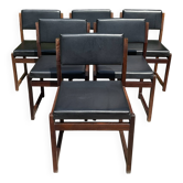 Set of 6 vintage teak chairs with black Skaï.