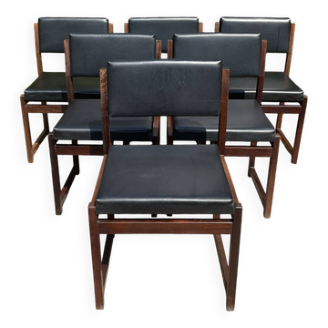 Set of 6 vintage teak chairs with black Skaï.
