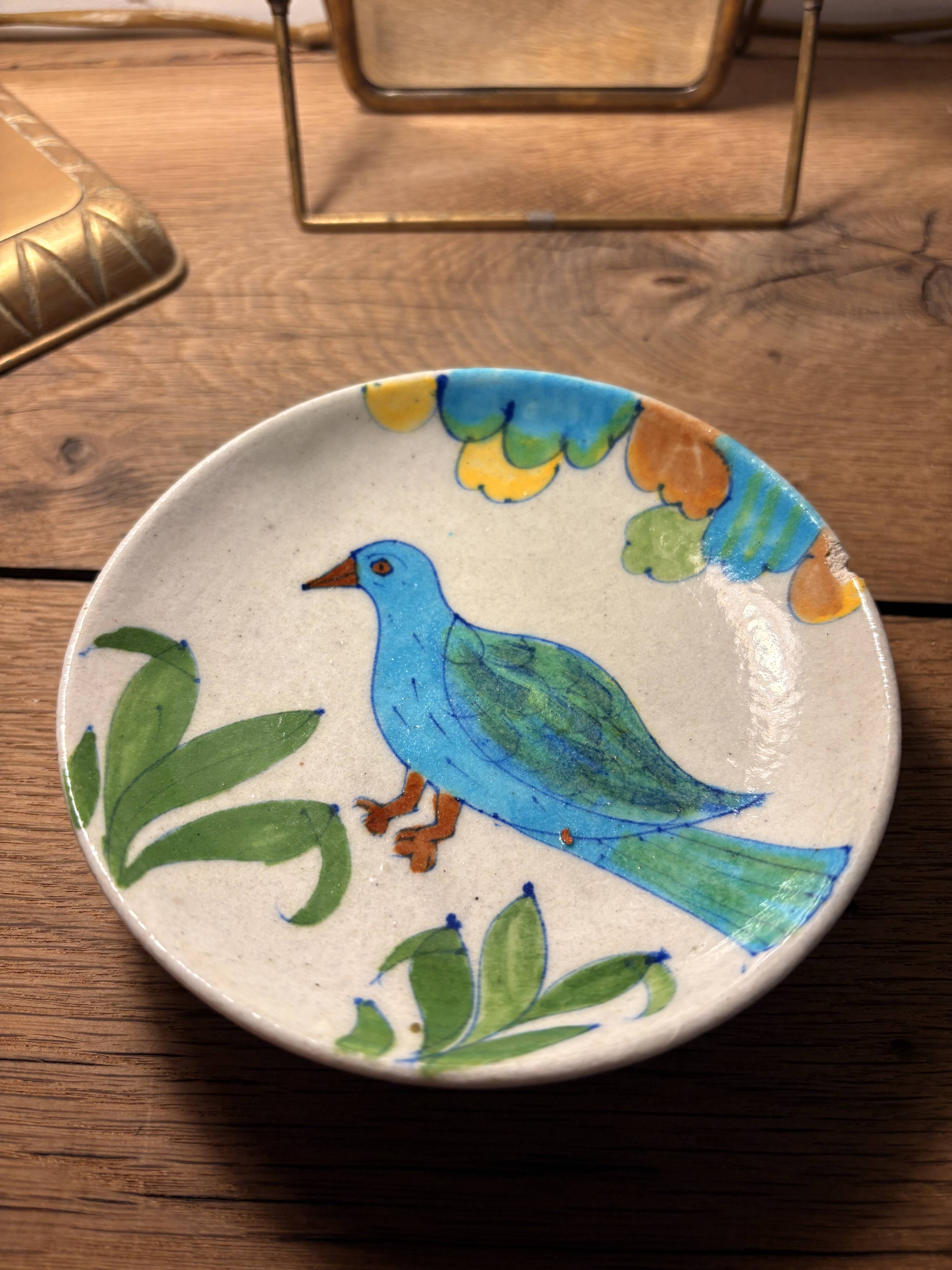 Handcrafted ceramic plate – bird design – signed