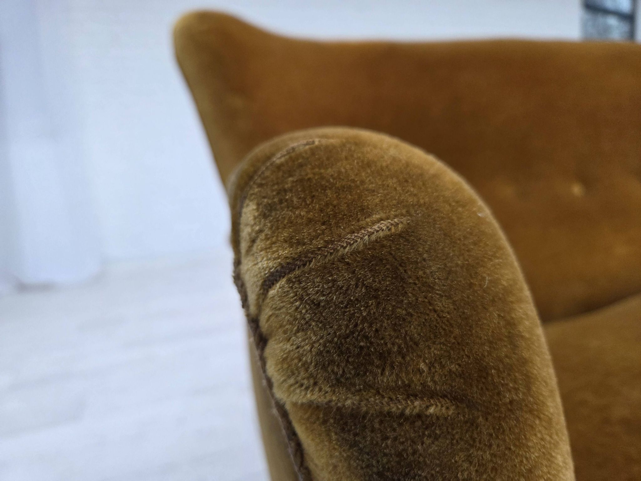1960s, Danish 3-seater sofa, honey-yellow furniture velour, beech wood.