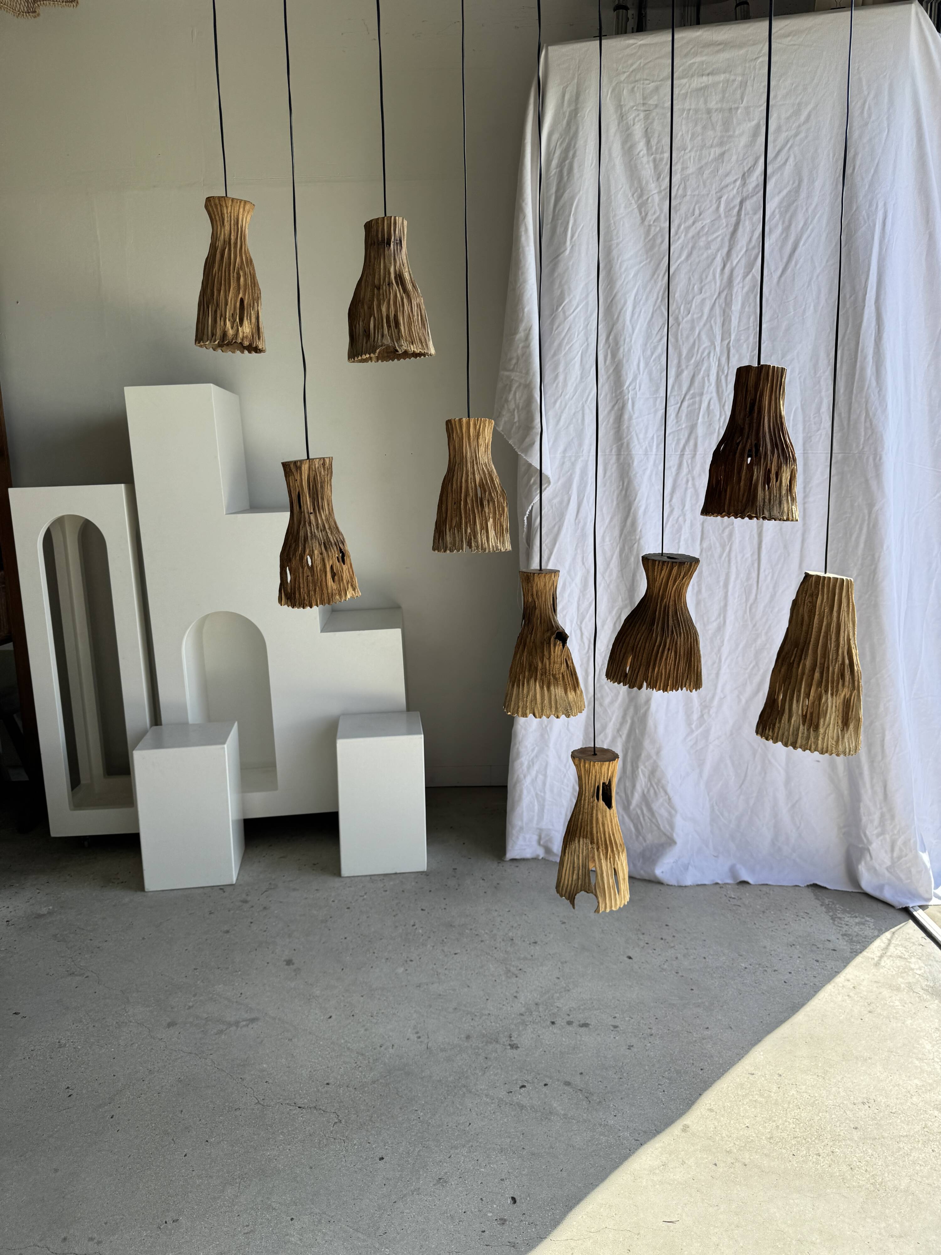 Suspension or lampshade in natural organic teak, tubular, H30 D22.