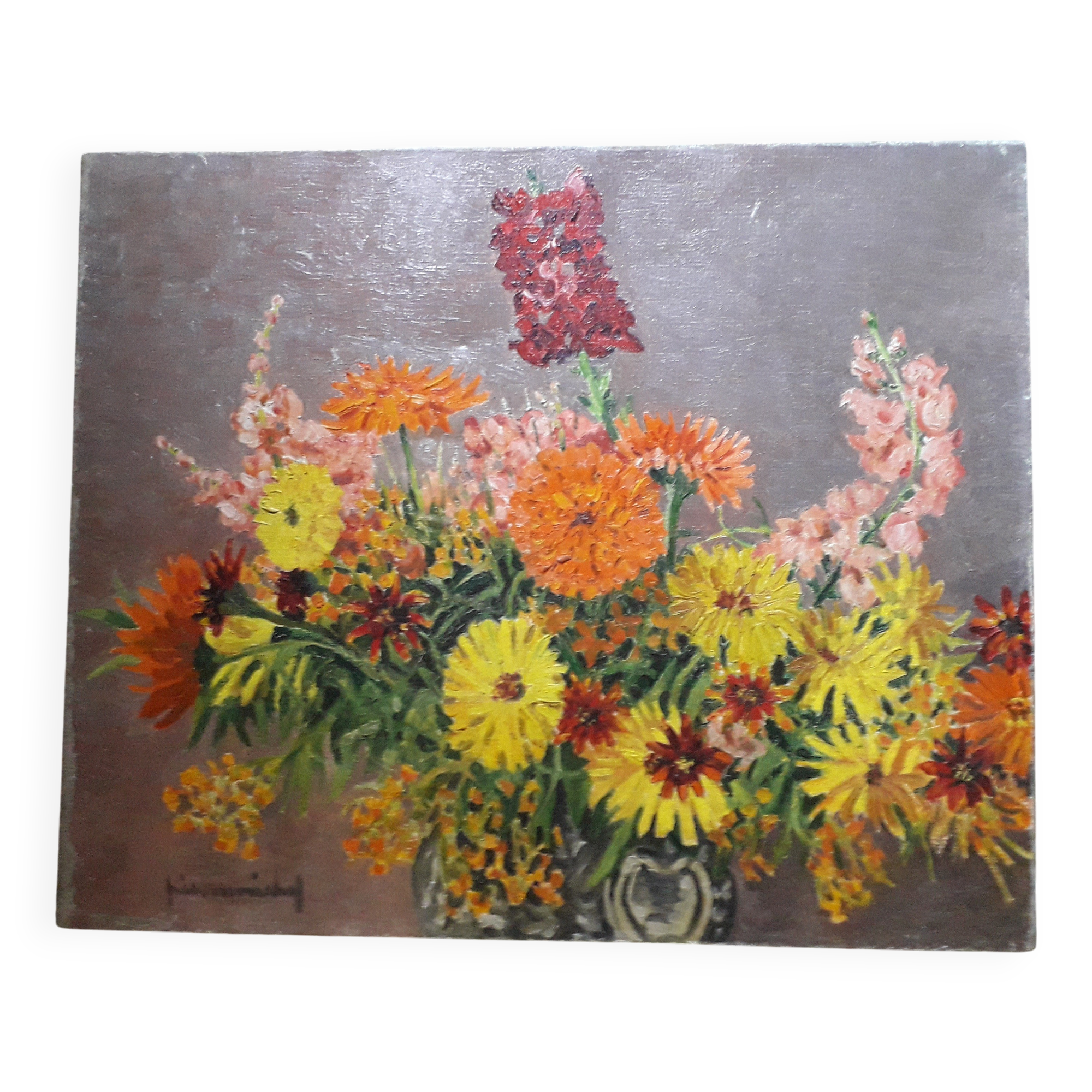An old oil painting depicting a bouquet of flowers.