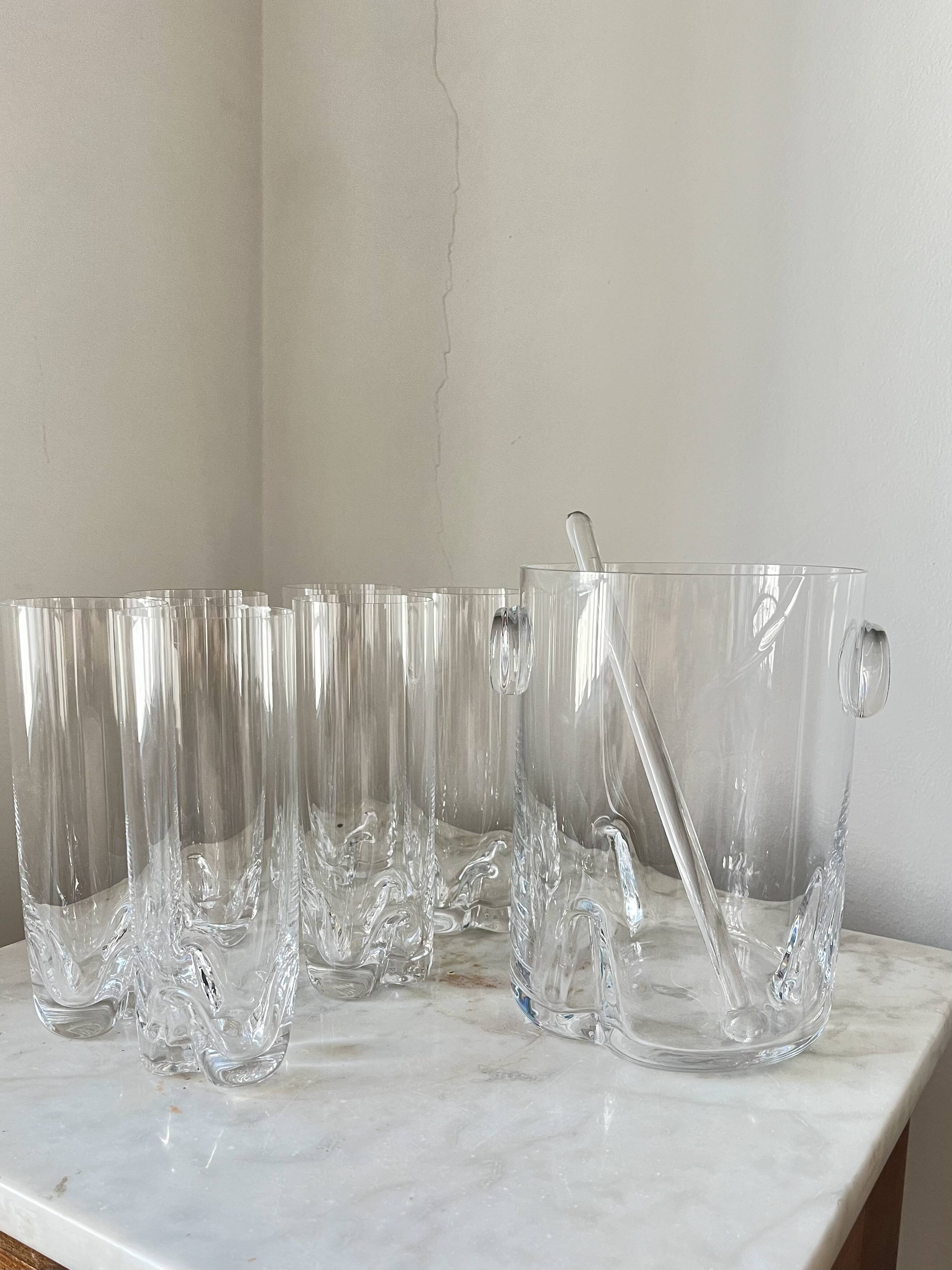 Vintage Bohemian Crystal Ice Bucket & 6 Glasses, Czech Rep. 80s