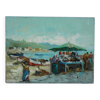 At the market by the port. Small painting signed Guglielmo Curti.