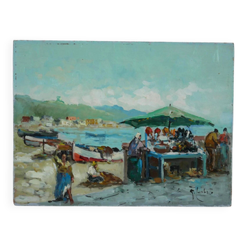 At the market by the port. Small painting signed Guglielmo Curti.