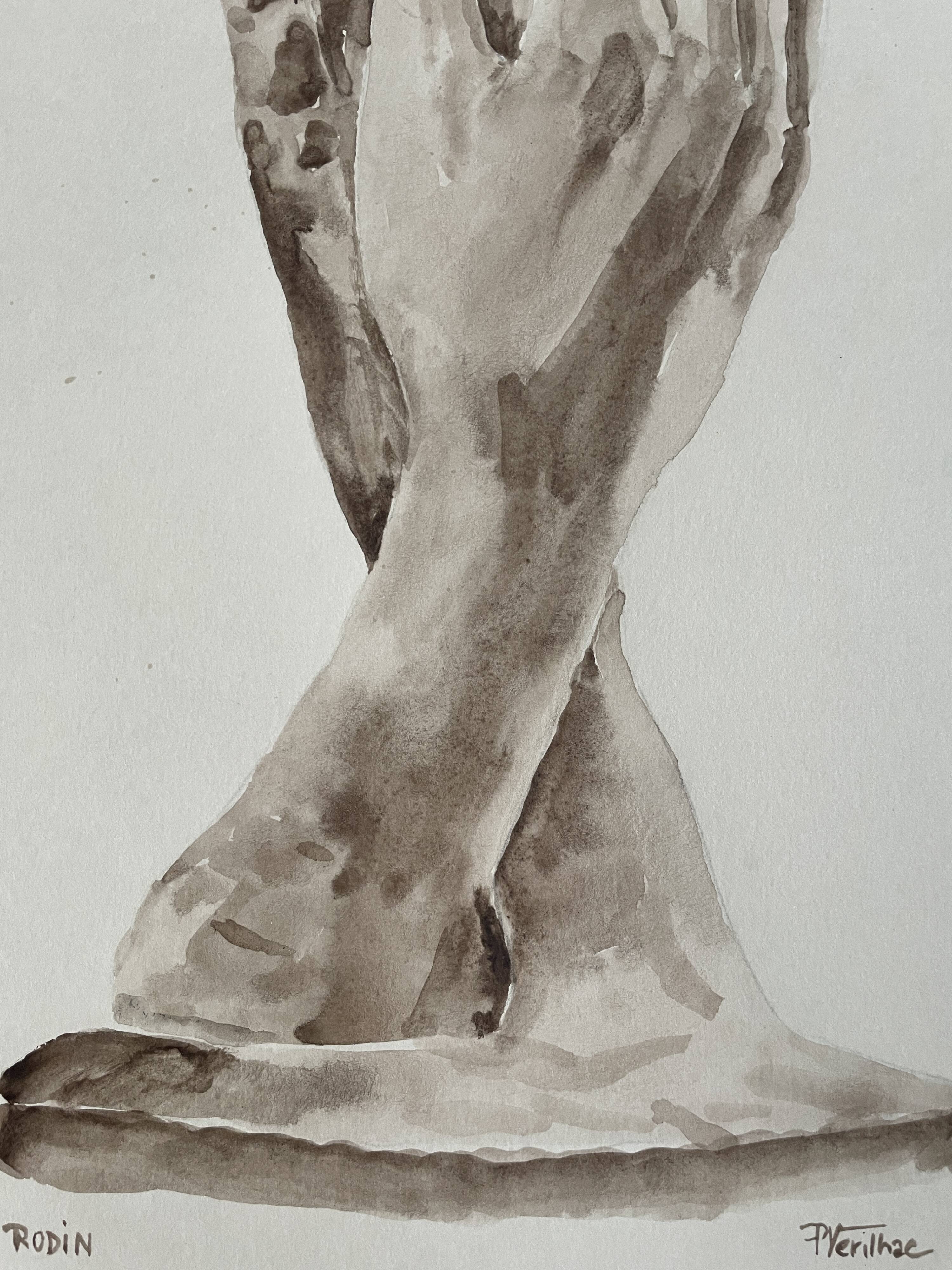 Painting signed watercolor monochrome sepia study statue “Rodin’s Cathedral”